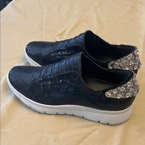 Sesto Meucci Navy Snake-Print Sneakers with Embellished Heel size 9.5